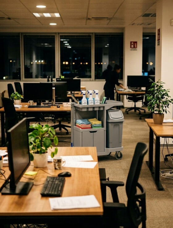 Pulizie uffici a Verona: carrello professionale e operatore al lavoro in un ufficio moderno fuori orario